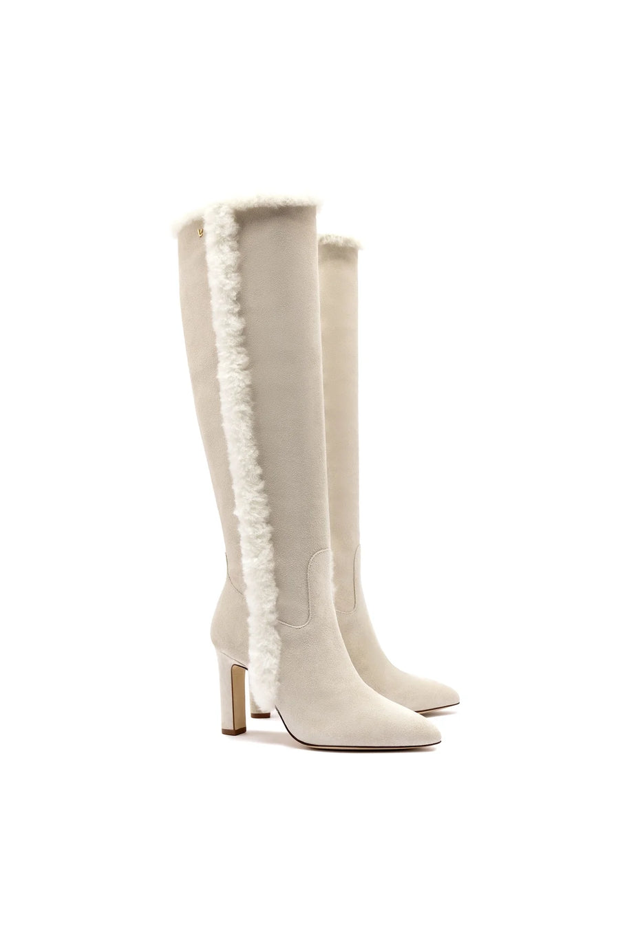 Larroude Cindy Hi Faux Fur Boot In Grey Mushroom Suede and Natural Shearling