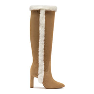 Larroude Cindy Hi Faux Fur Boot In Peanut Suede and Natural Shearling