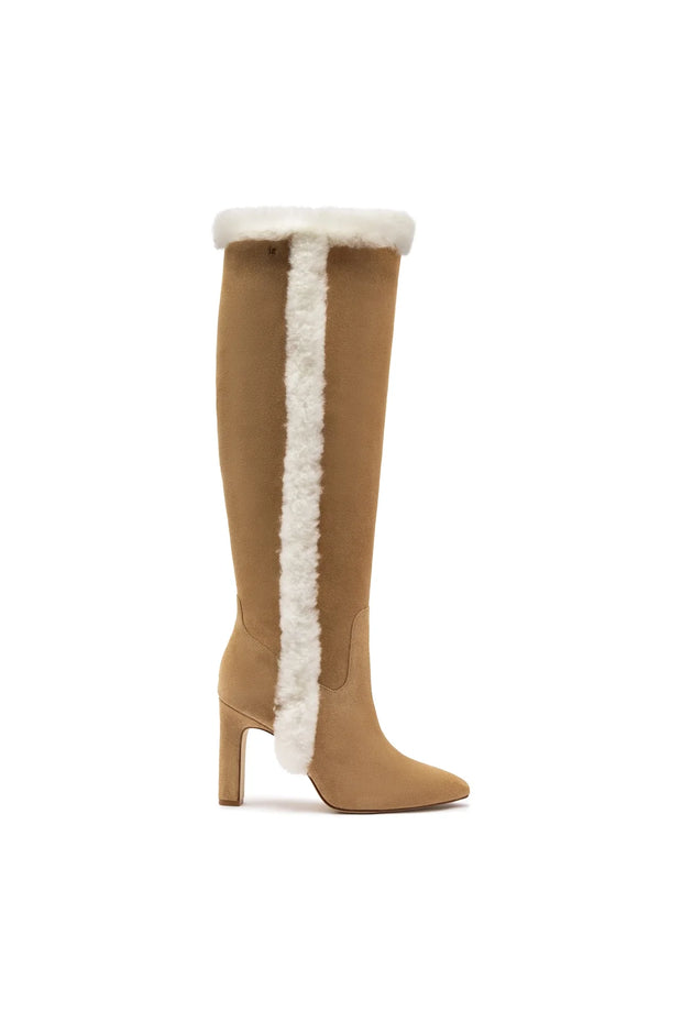 Larroude Cindy Hi Faux Fur Boot In Peanut Suede and Natural Shearling