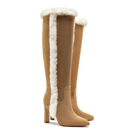 Larroude Cindy Hi Faux Fur Boot In Peanut Suede and Natural Shearling