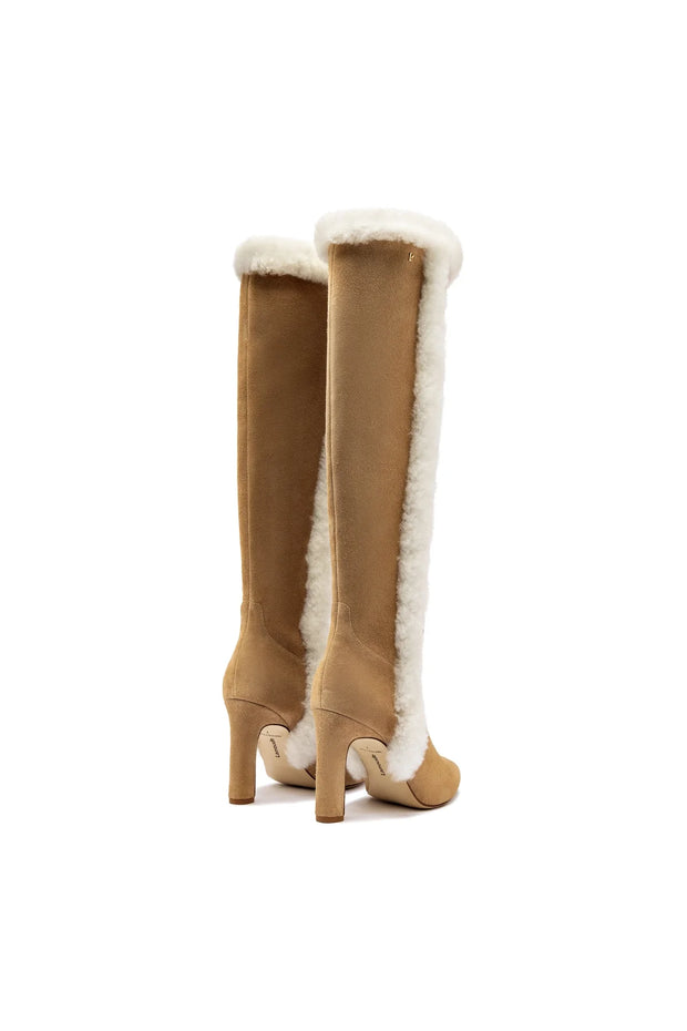Larroude Cindy Hi Faux Fur Boot In Peanut Suede and Natural Shearling