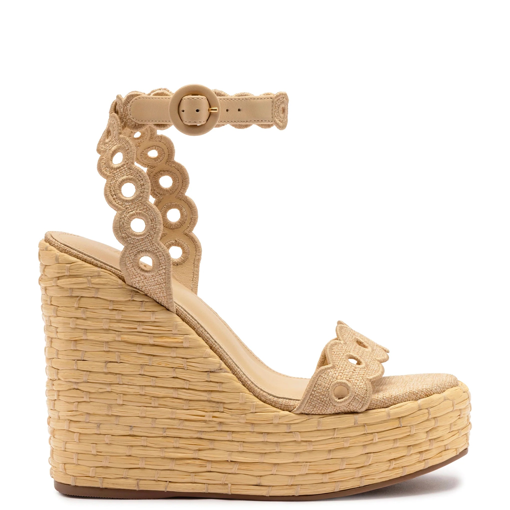 Larroude Florence Broderie Wedge In Beige Raffia