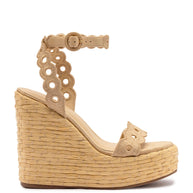 Larroude Florence Broderie Wedge In Beige Raffia