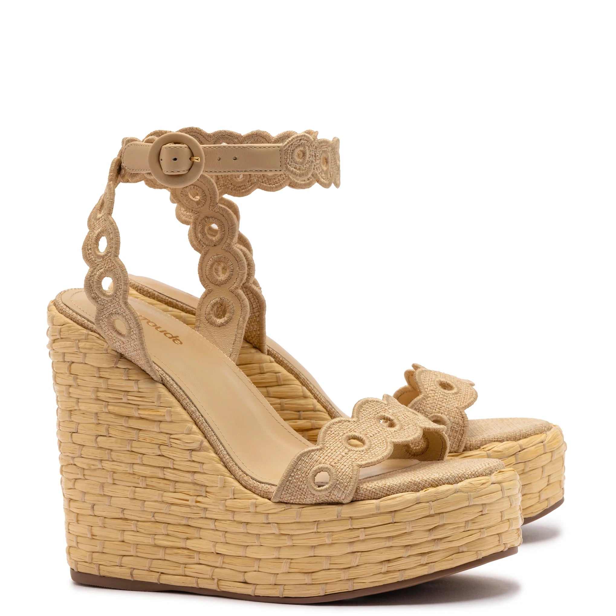 Larroude Florence Broderie Wedge In Beige Raffia