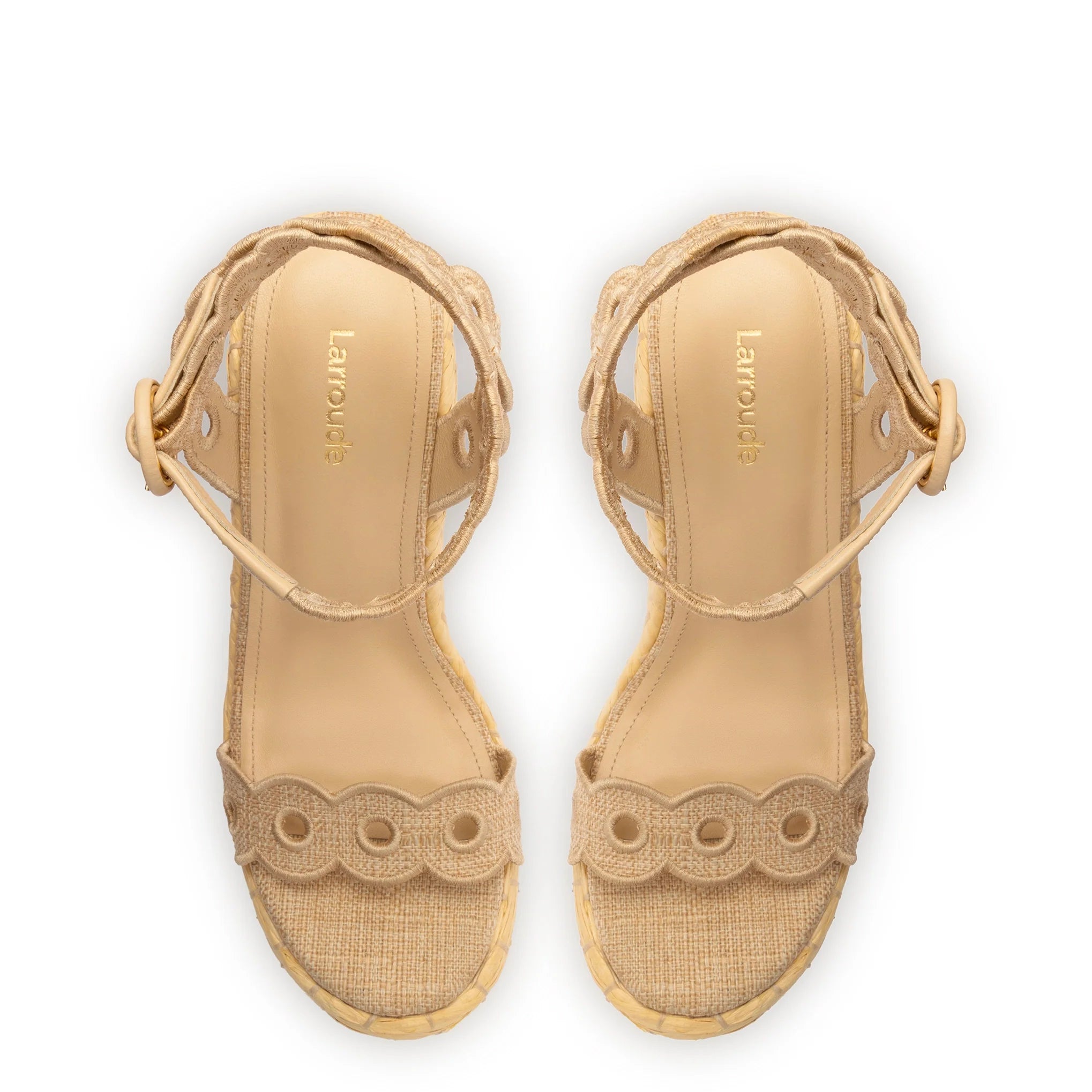 Larroude Florence Broderie Wedge In Beige Raffia