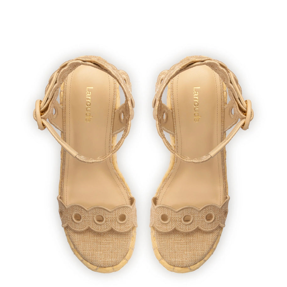 Larroude Florence Broderie Wedge In Beige Raffia