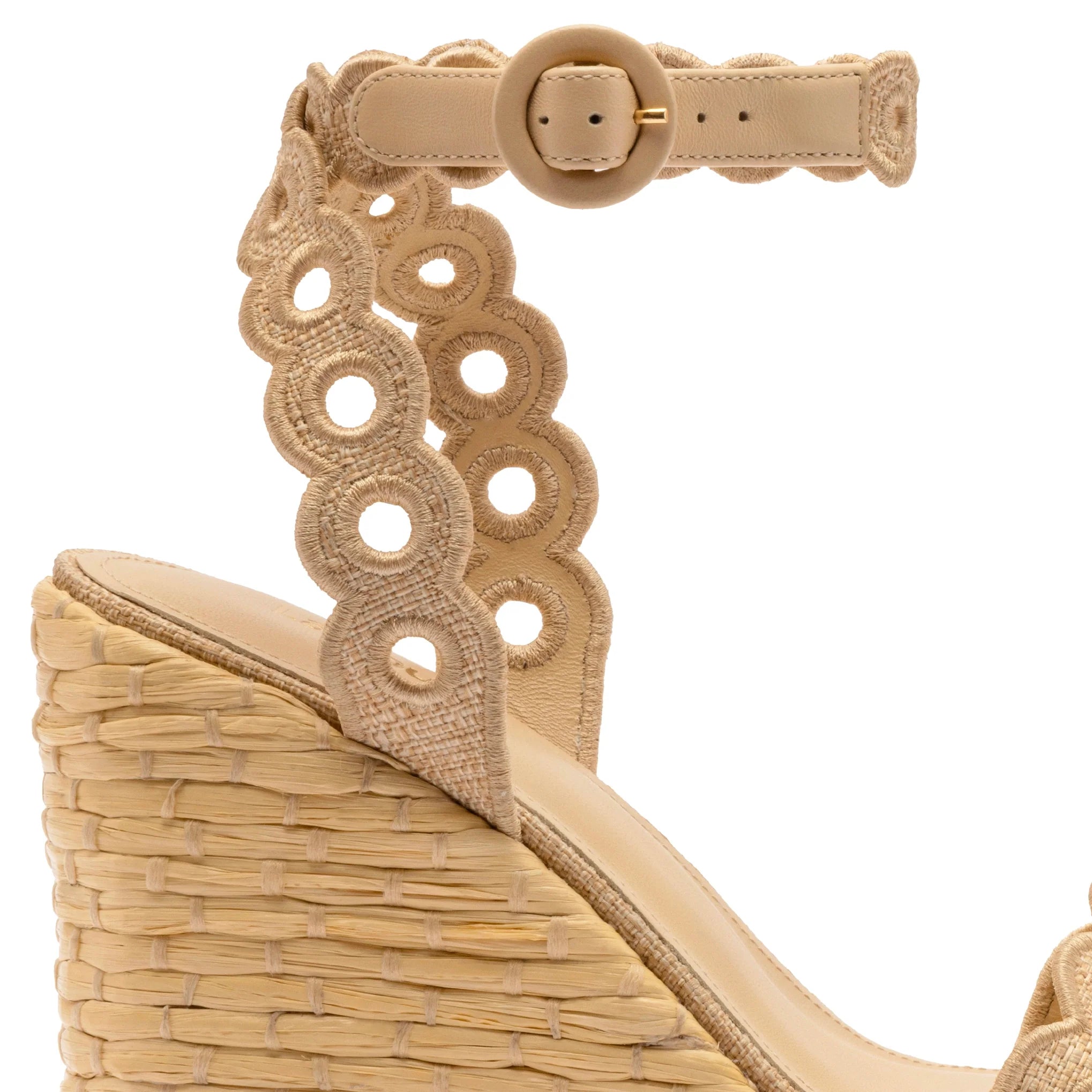 Larroude Florence Broderie Wedge In Beige Raffia