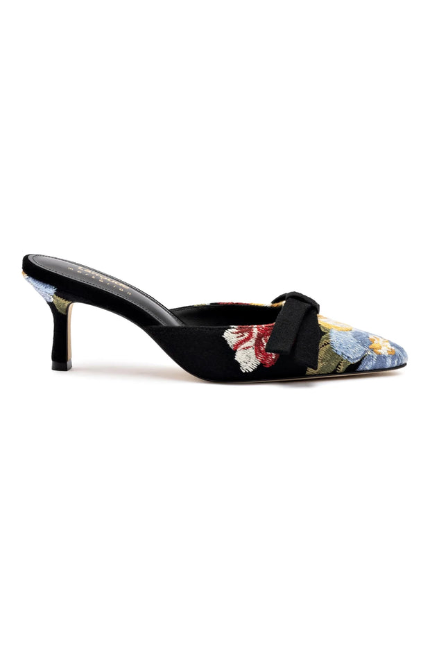 Larroudé x Markarian Mule In Black Wool and Floral Embroidery