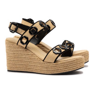 Larroude Milan Espadrille In Beige Raffia and Black Trimming