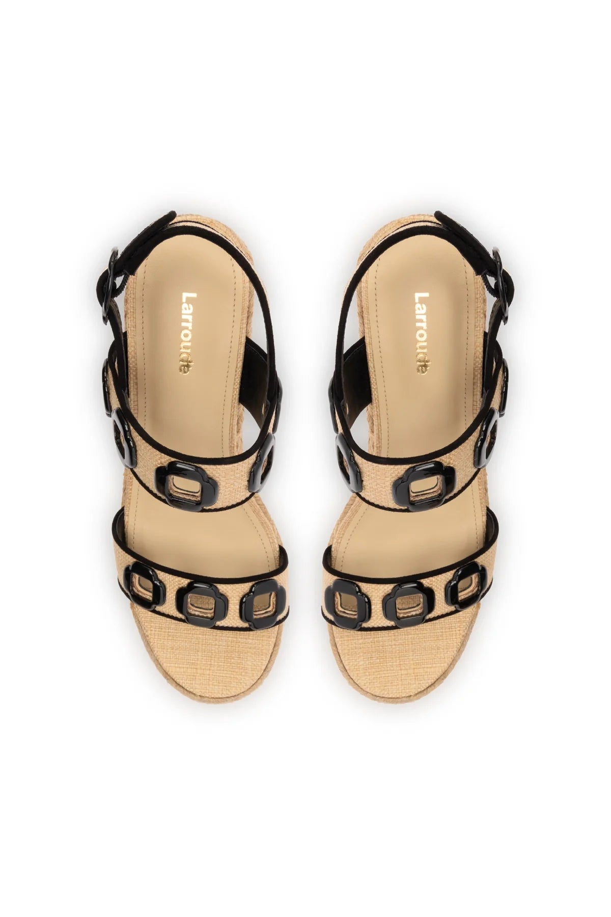 Larroude Milan Flatform In Beige Raffia and Black Trimming
