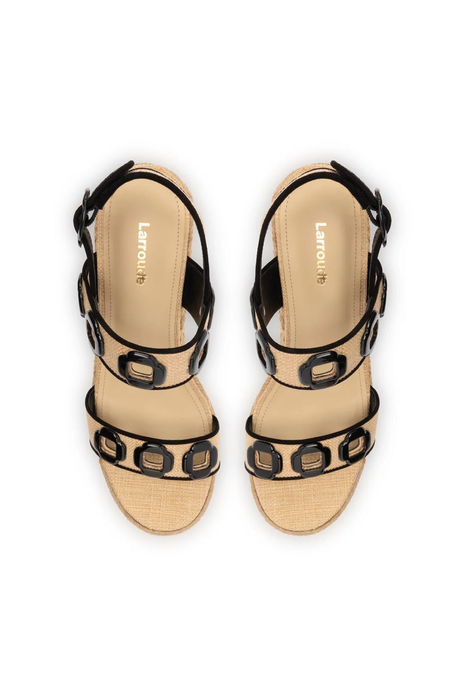 Larroude Milan Flatform In Beige Raffia and Black Trimming