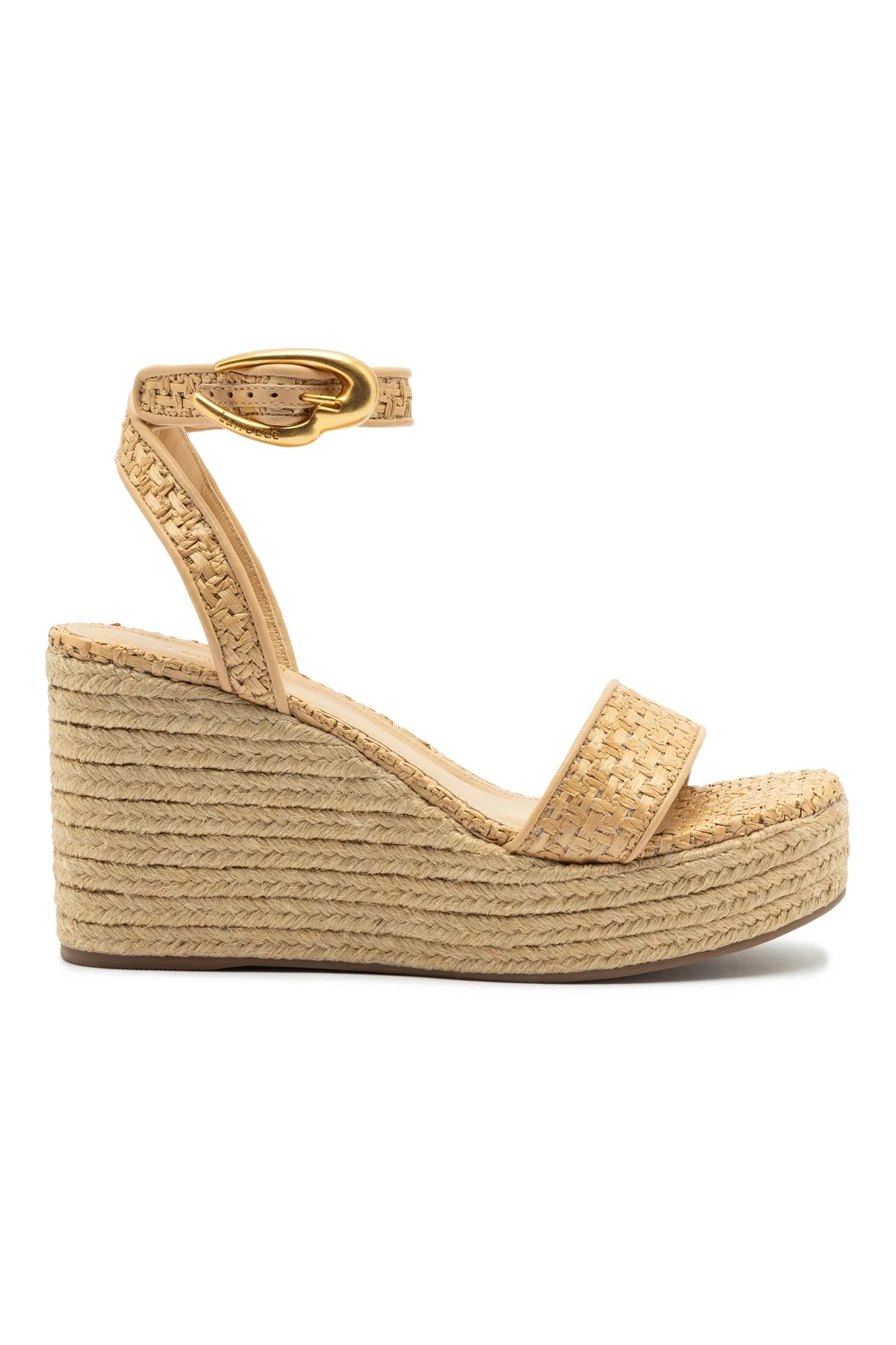 Larroude Verona Low Wedge In Beige Leather And Natural Raffia