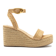 Larroude Verona Low Wedge In Beige Leather And Natural Raffia