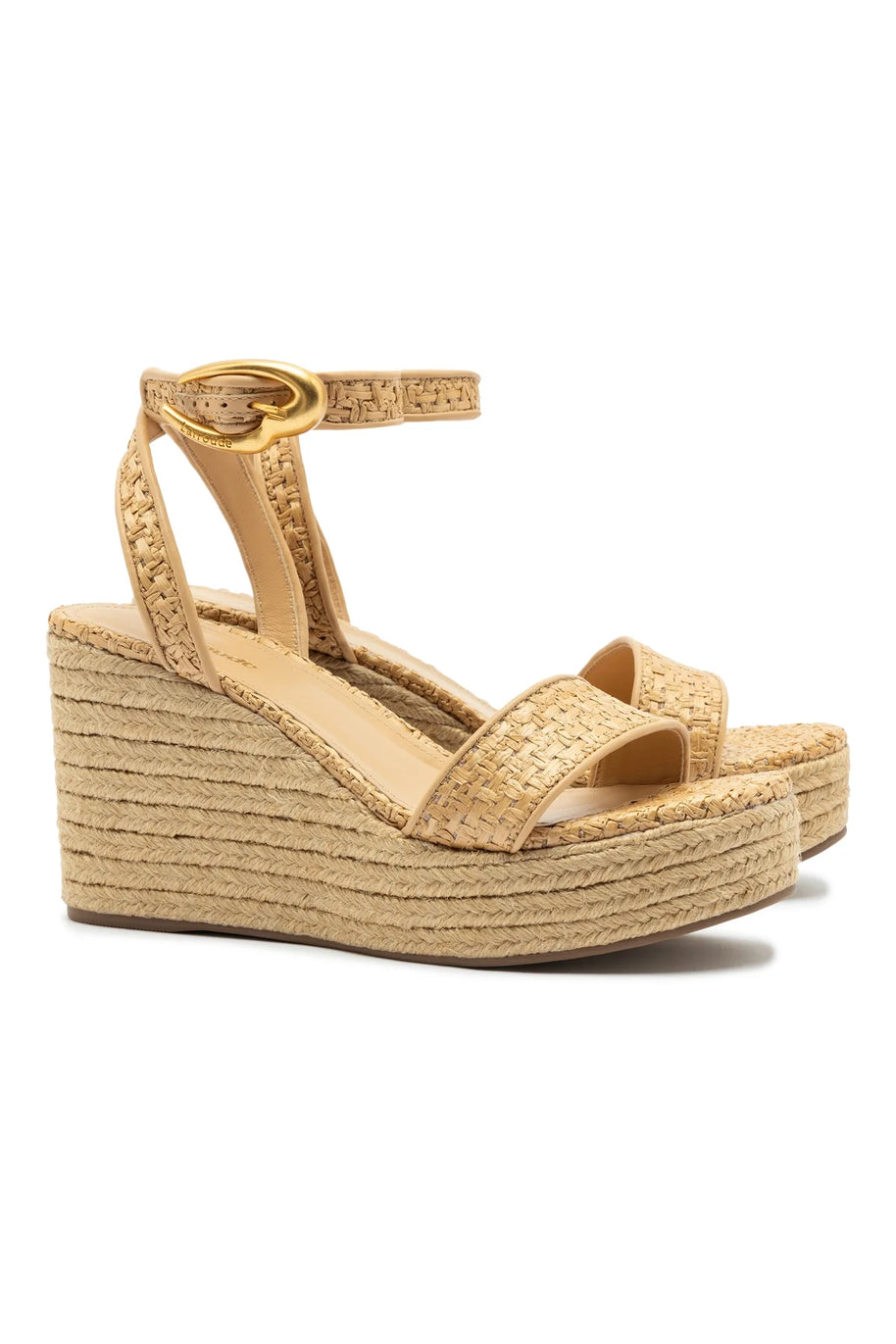 Larroude Verona Low Wedge In Beige Leather And Natural Raffia
