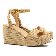 Larroude Verona Low Wedge In Beige Leather And Natural Raffia