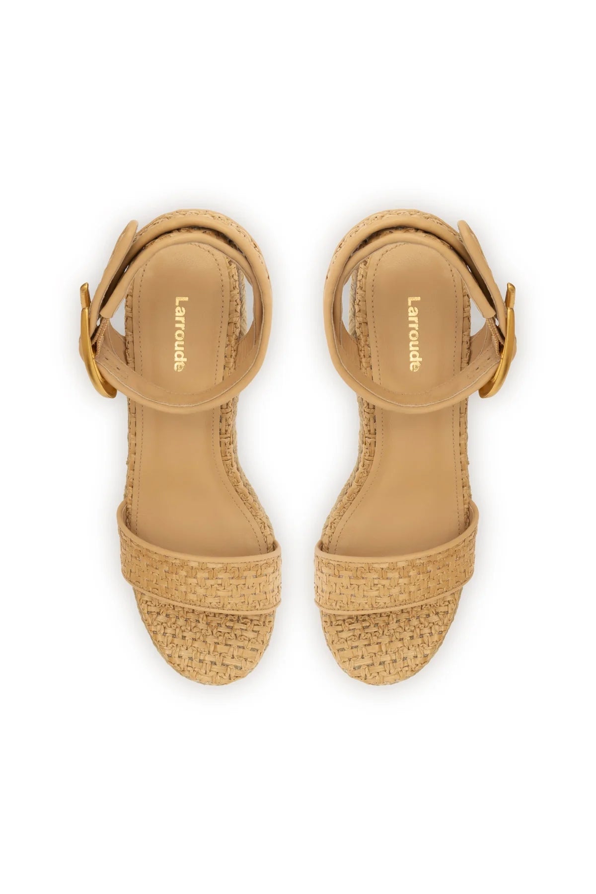 Larroude Verona Low Wedge In Beige Leather And Natural Raffia