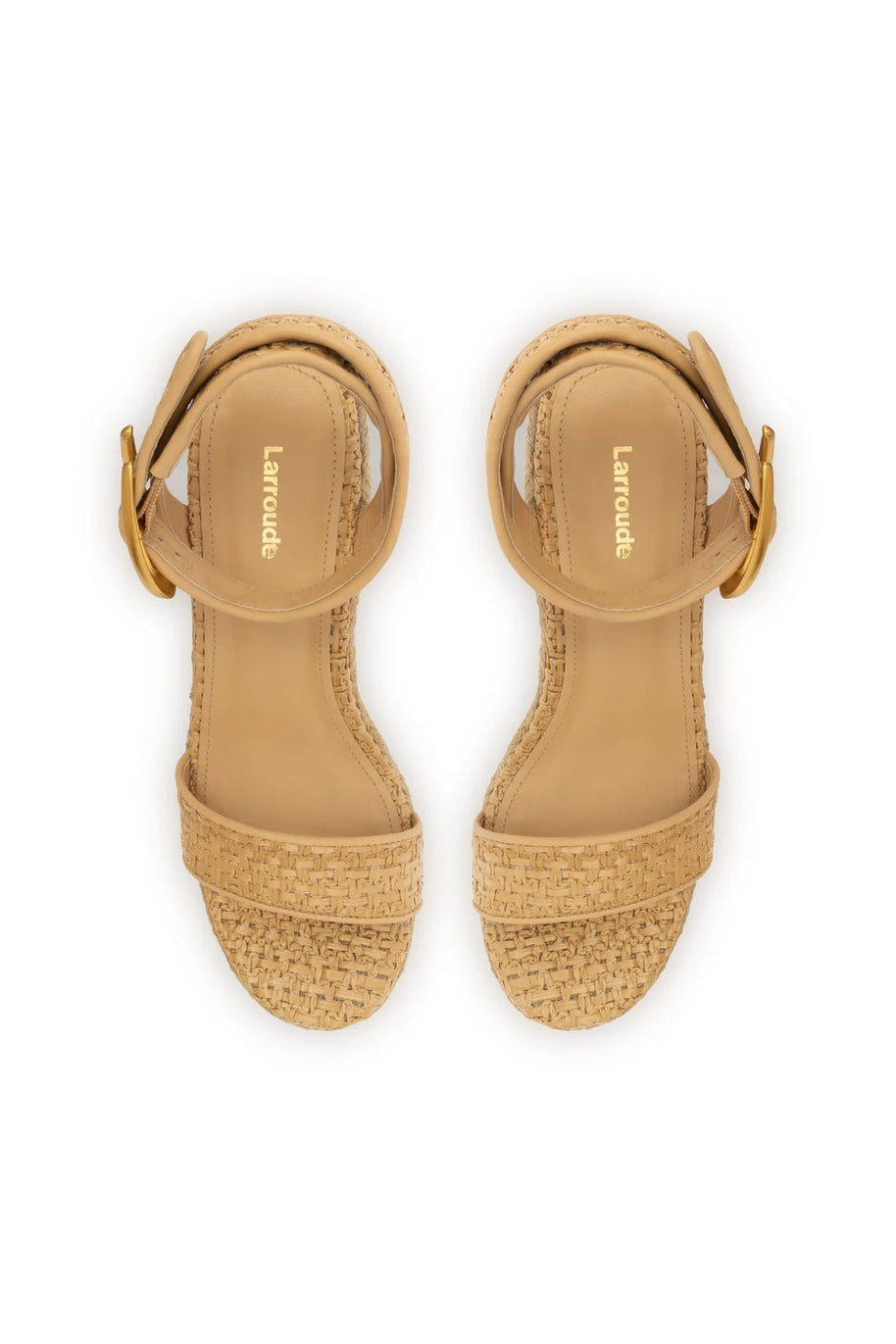Larroude Verona Low Wedge In Beige Leather And Natural Raffia