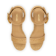 Larroude Verona Low Wedge In Beige Leather And Natural Raffia