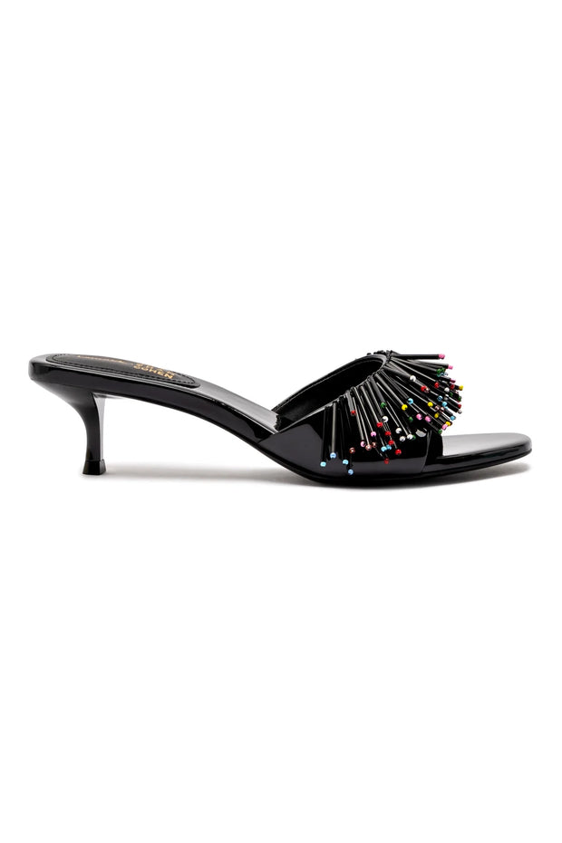 Larroudé X Jonathan Cohen Fringe Greta Mule In Black Patent Leather