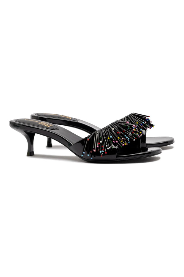 Larroudé X Jonathan Cohen Fringe Greta Mule In Black Patent Leather