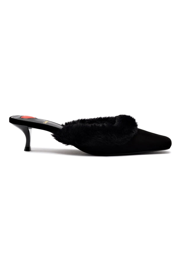 Larroude Amal Faux Fur Mule In Black Suede