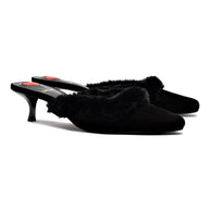 Larroude Amal Faux Fur Mule In Black Suede