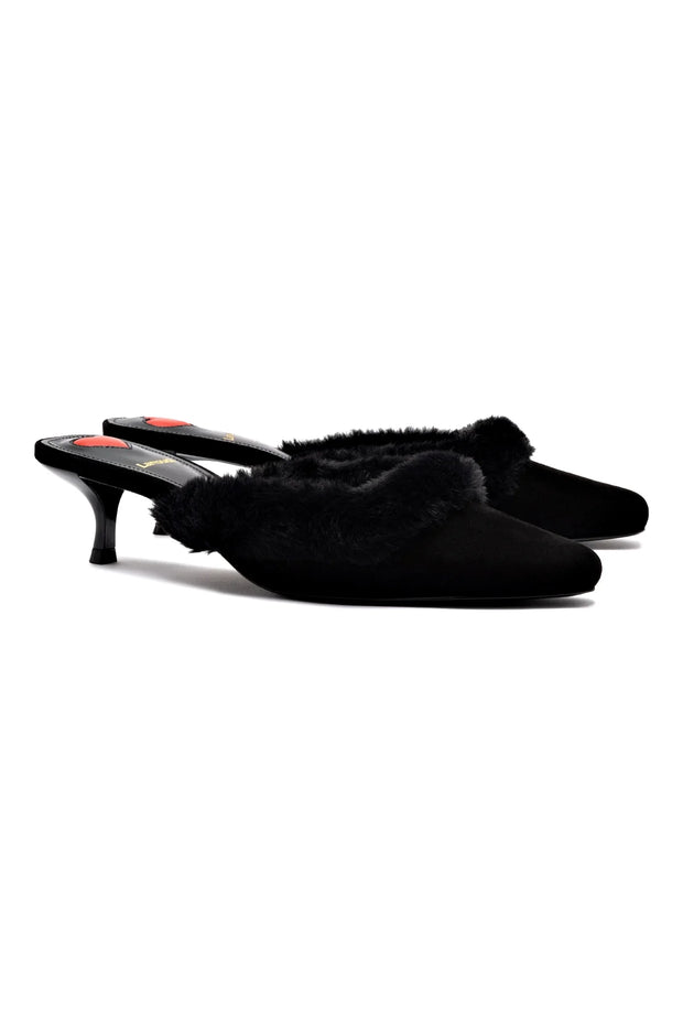 Larroude Amal Faux Fur Mule In Black Suede