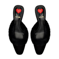 Larroude Amal Faux Fur Mule In Black Suede