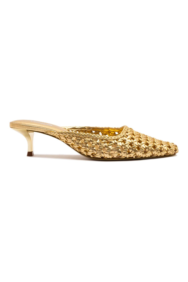 Larroude Amal Macrame Mule In Gold Metallic Leather