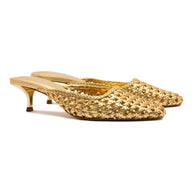 Larroude Amal Macrame Mule In Gold Metallic Leather