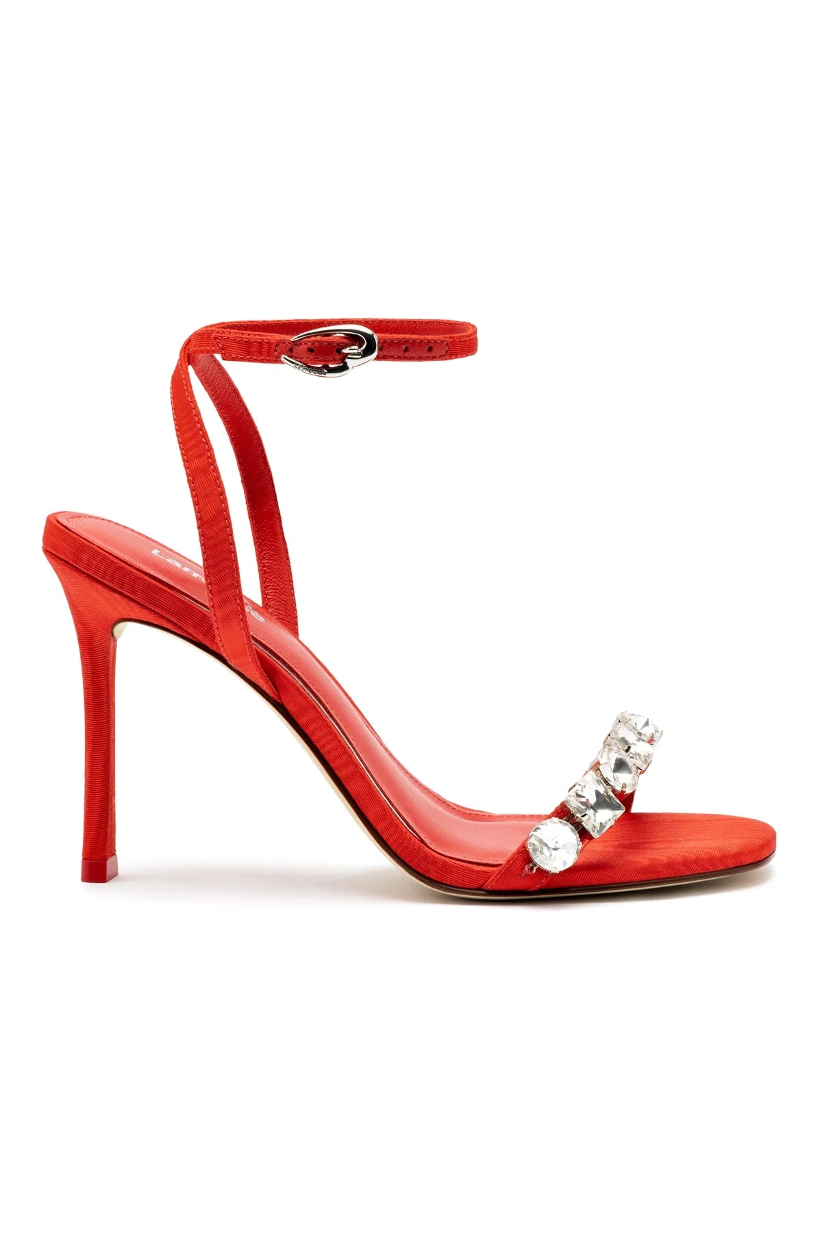 Larroude Calypso Sandal In Red Fabric and Crystals