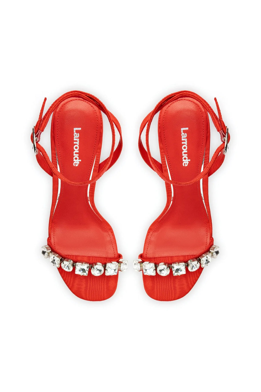 Larroude Calypso Sandal In Red Fabric and Crystals