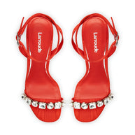 Larroude Calypso Sandal In Red Fabric and Crystals