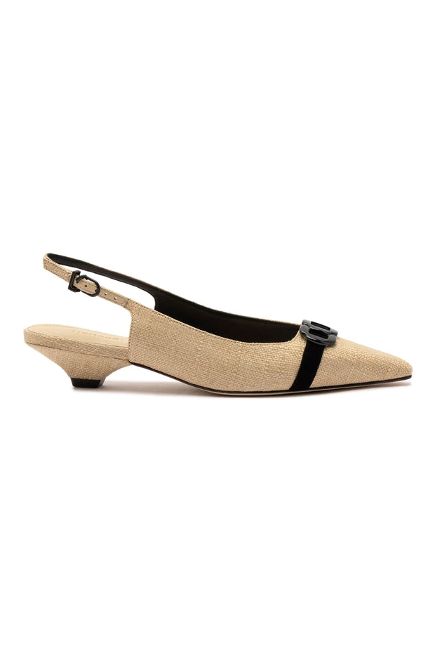 Larroude Franca Pump In Beige Raffia and Black Trimming