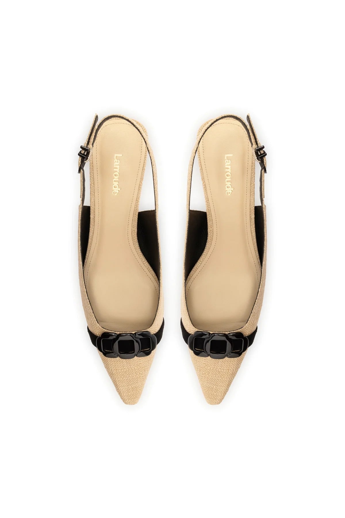 Larroude Franca Pump In Beige Raffia and Black Trimming