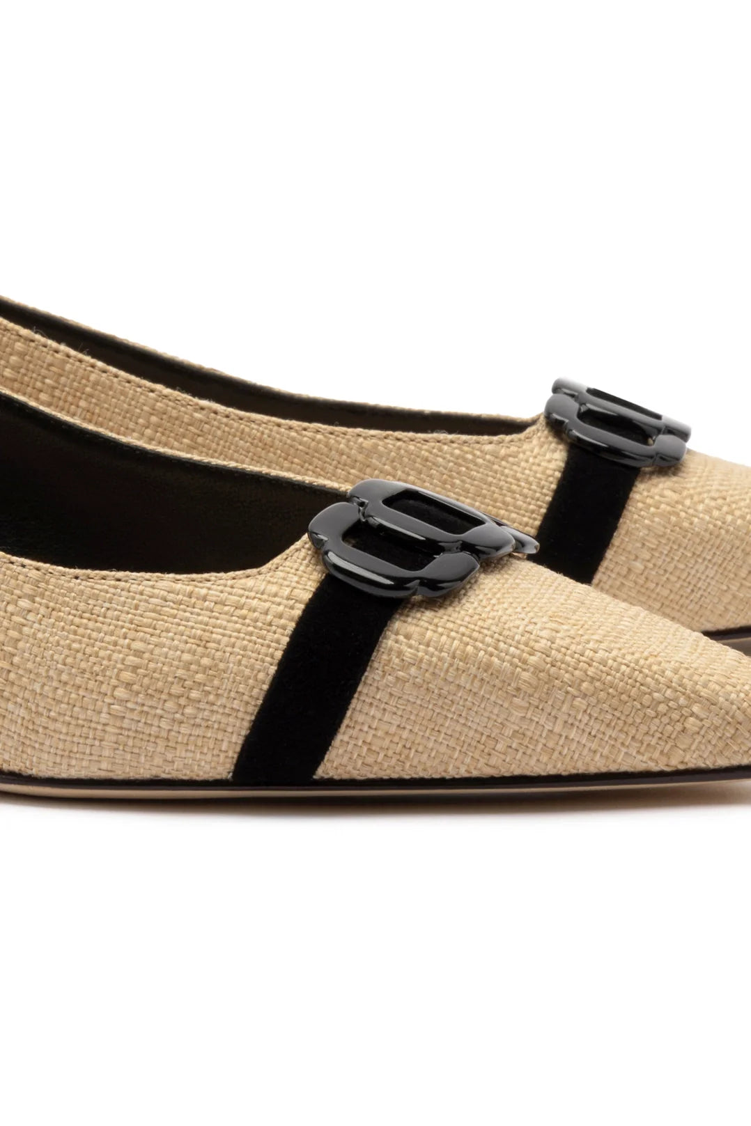 Larroude Franca Pump In Beige Raffia and Black Trimming