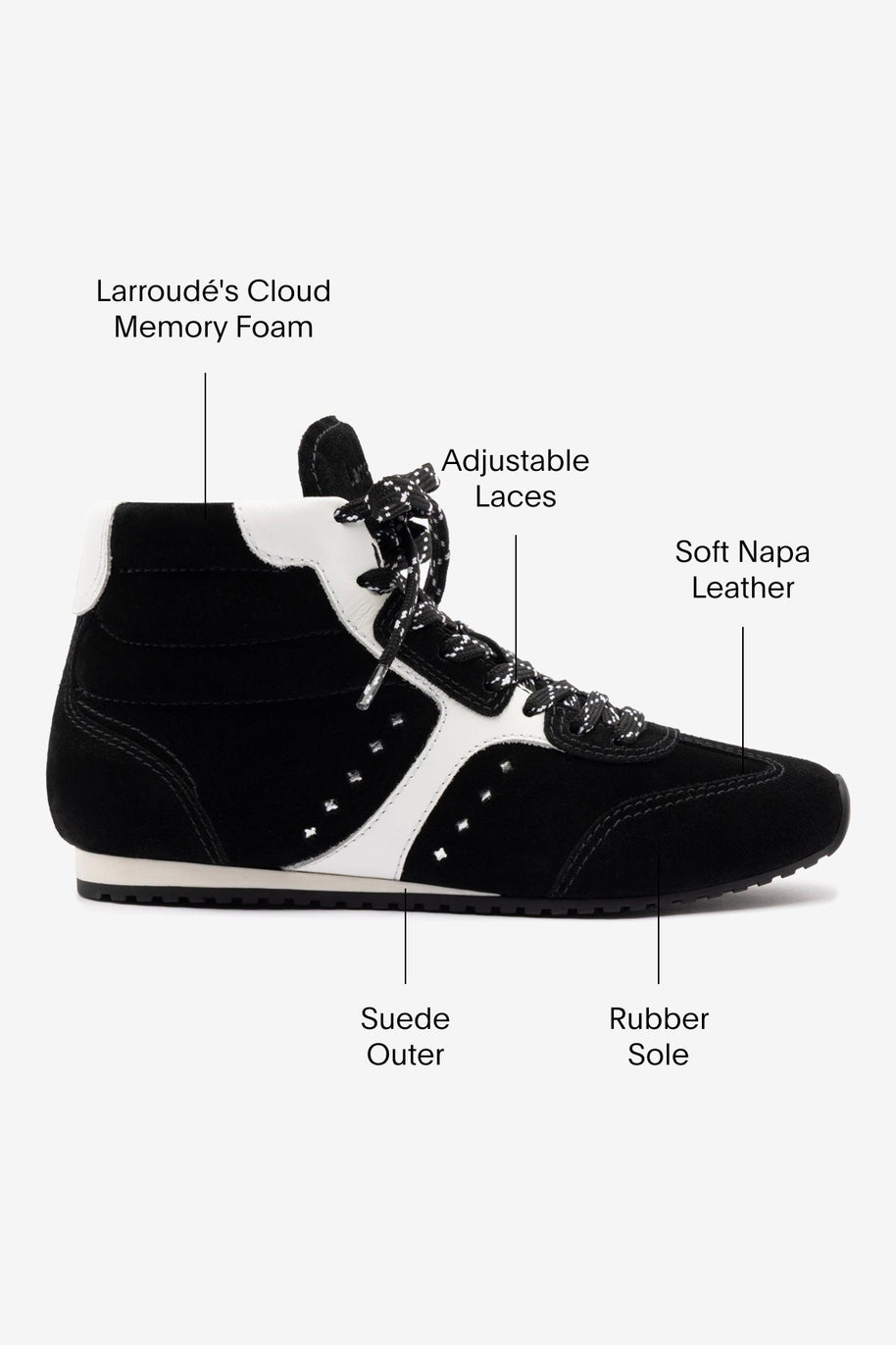 Larroude Stella Mid Sneaker In Black Suede And White Leather