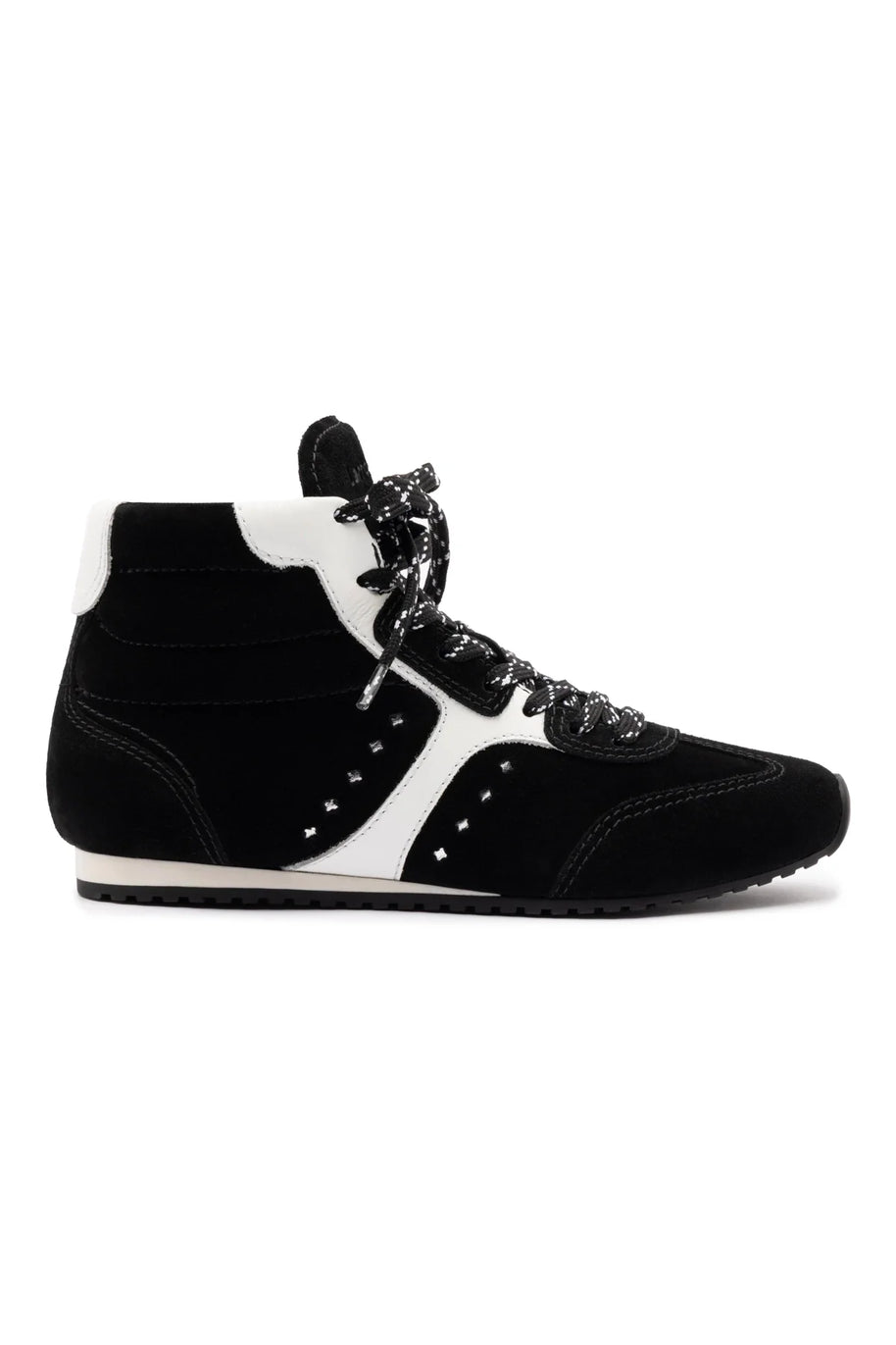 Larroude Stella Mid Sneaker In Black Suede And White Leather