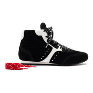 Larroude Stella Mid Sneaker In Black Suede And White Leather