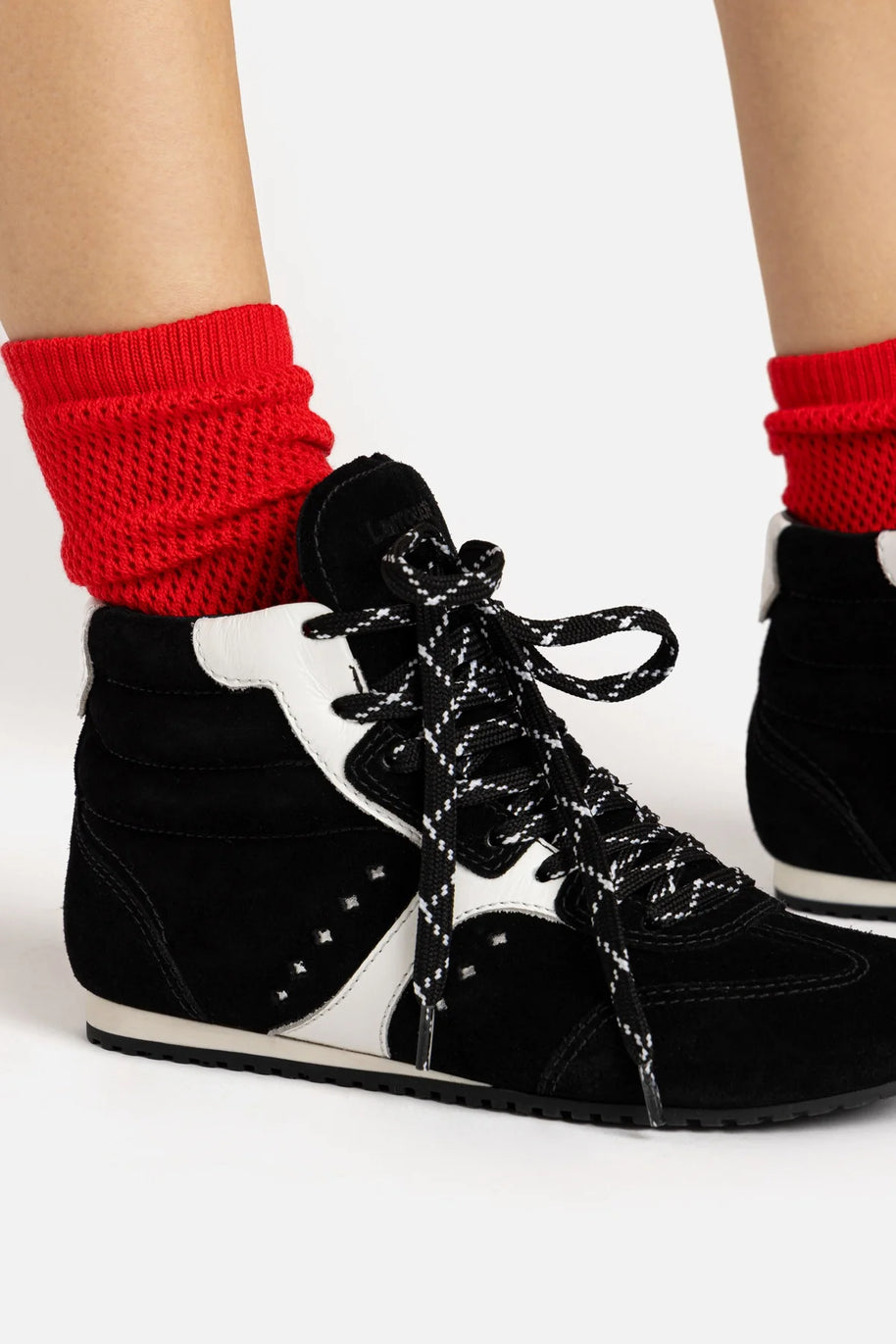 Larroude Stella Mid Sneaker In Black Suede And White Leather