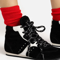 Larroude Stella Mid Sneaker In Black Suede And White Leather