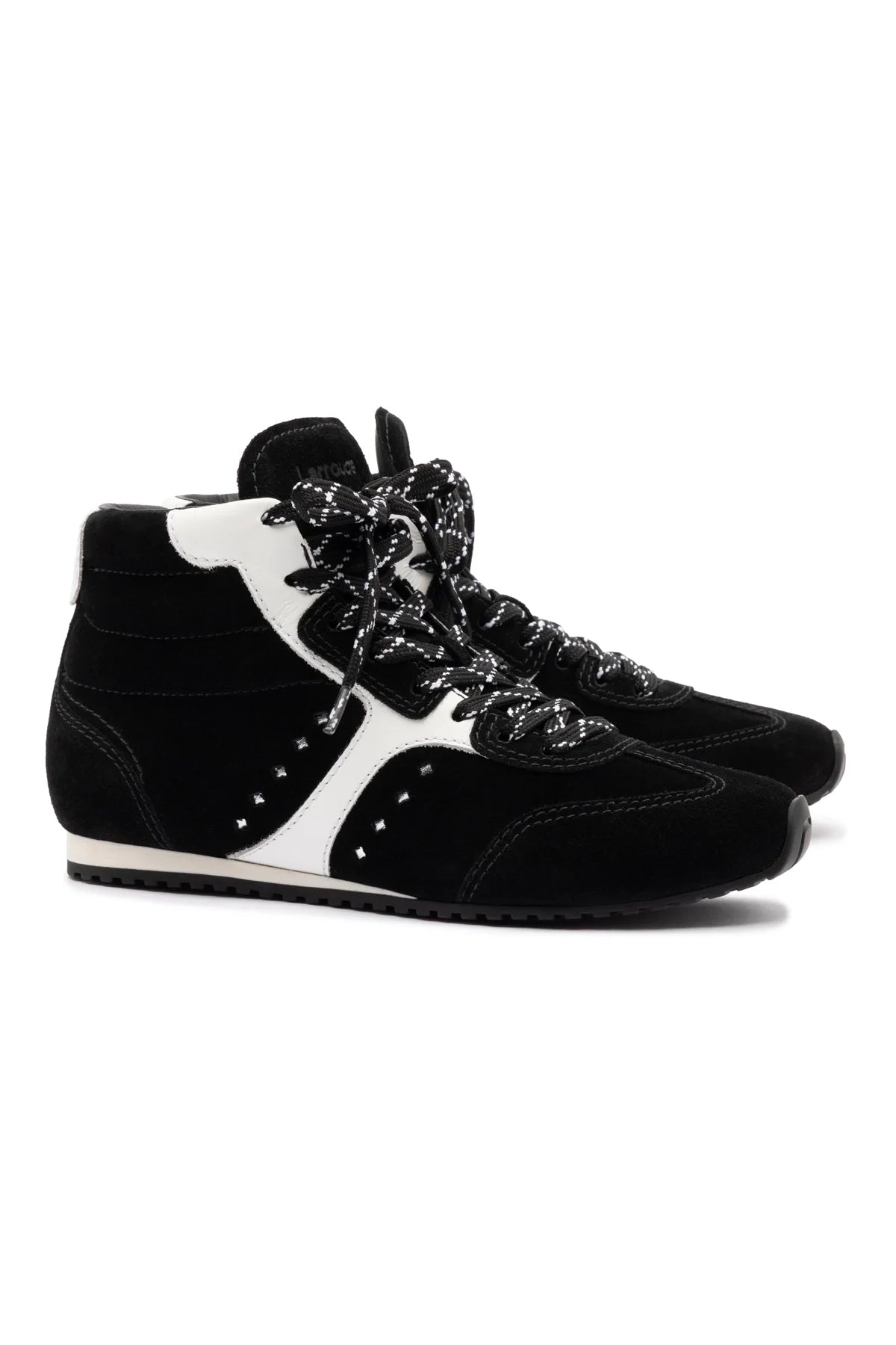 Larroude Stella Mid Sneaker In Black Suede And White Leather