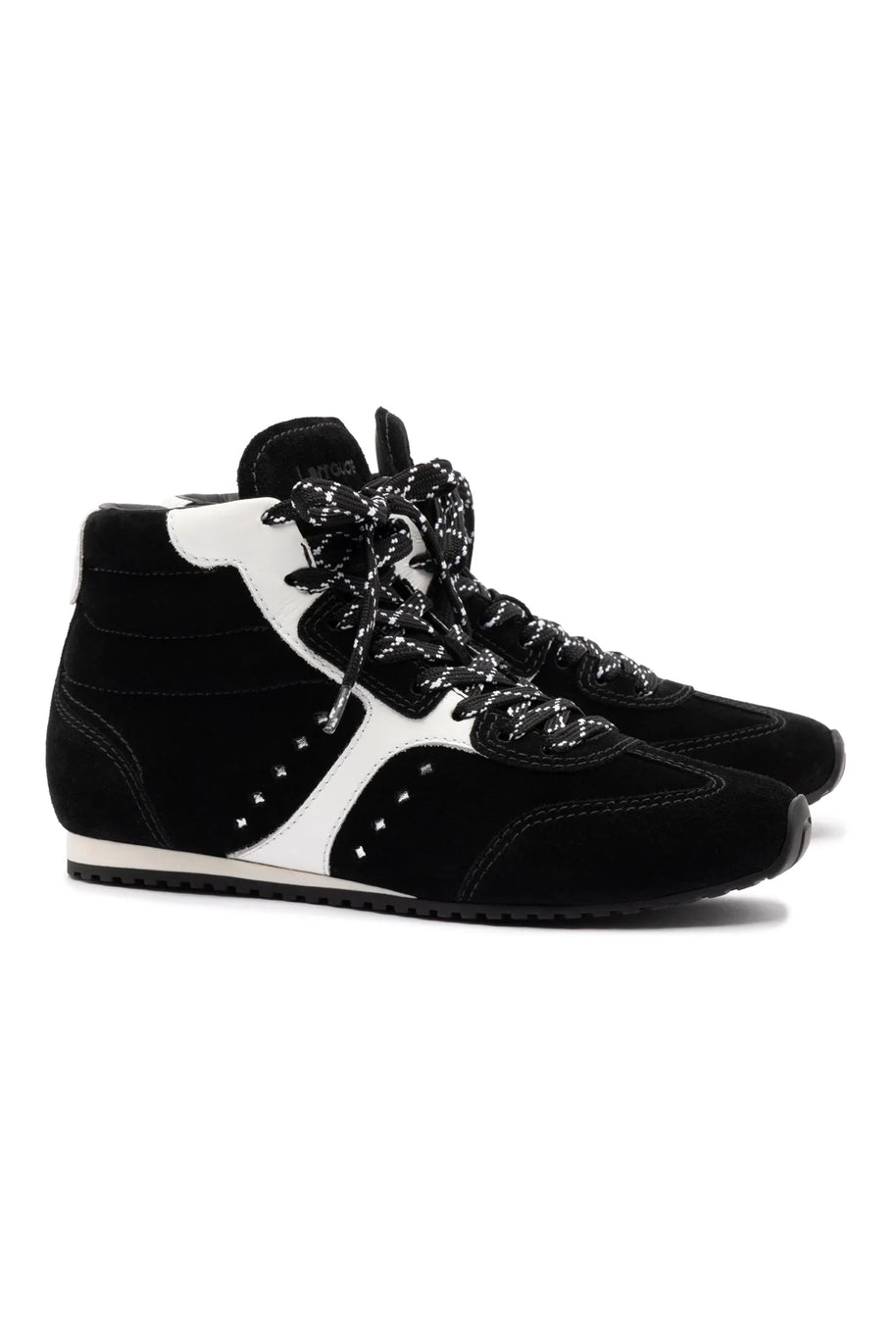 Larroude Stella Mid Sneaker In Black Suede And White Leather