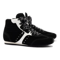 Larroude Stella Mid Sneaker In Black Suede And White Leather