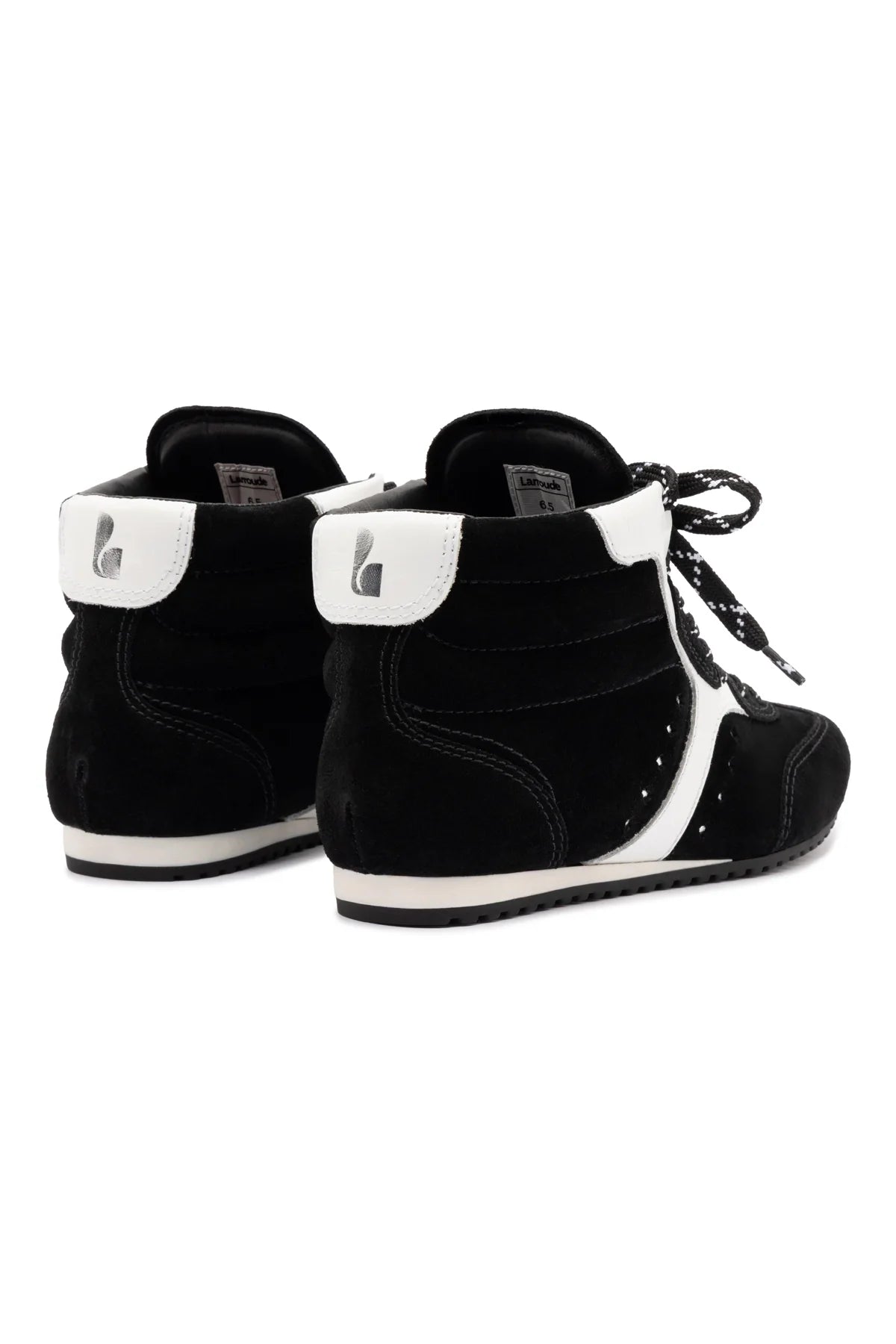 Larroude Stella Mid Sneaker In Black Suede And White Leather
