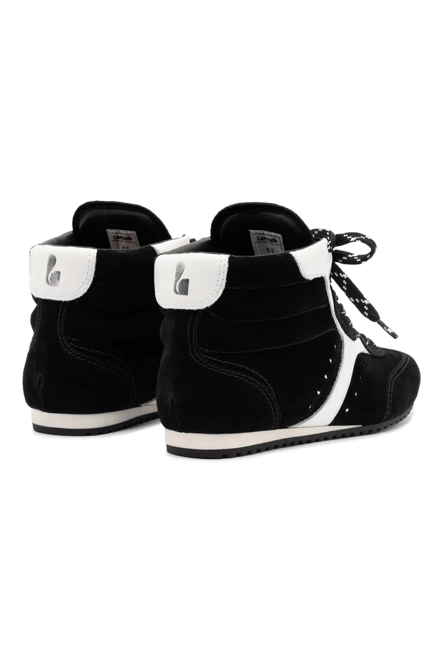 Larroude Stella Mid Sneaker In Black Suede And White Leather