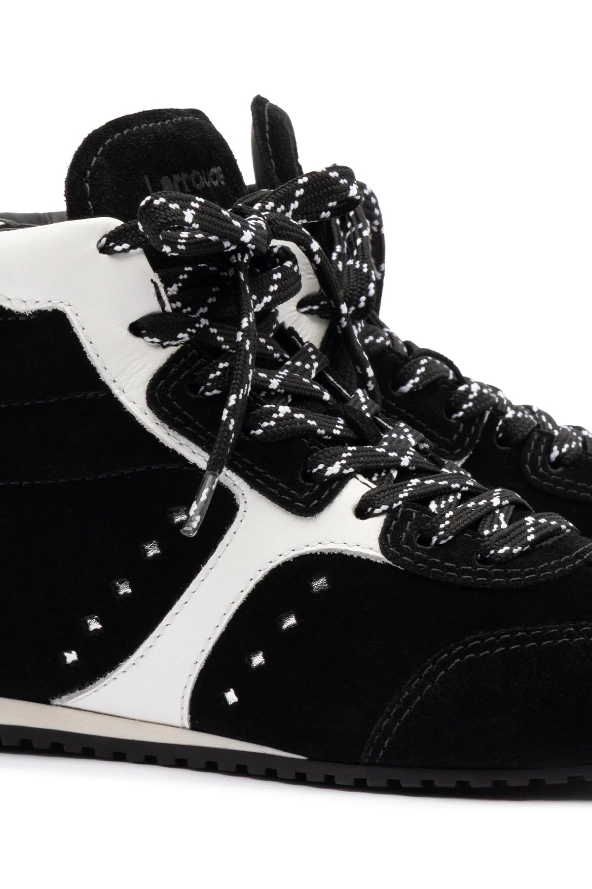 Larroude Stella Mid Sneaker In Black Suede And White Leather