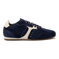 Larroude Stella Sneaker In Navy Suede And Ivory Leather
