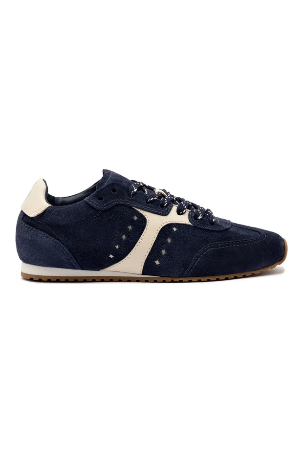 Larroude Stella Sneaker In Navy Suede And Ivory Leather