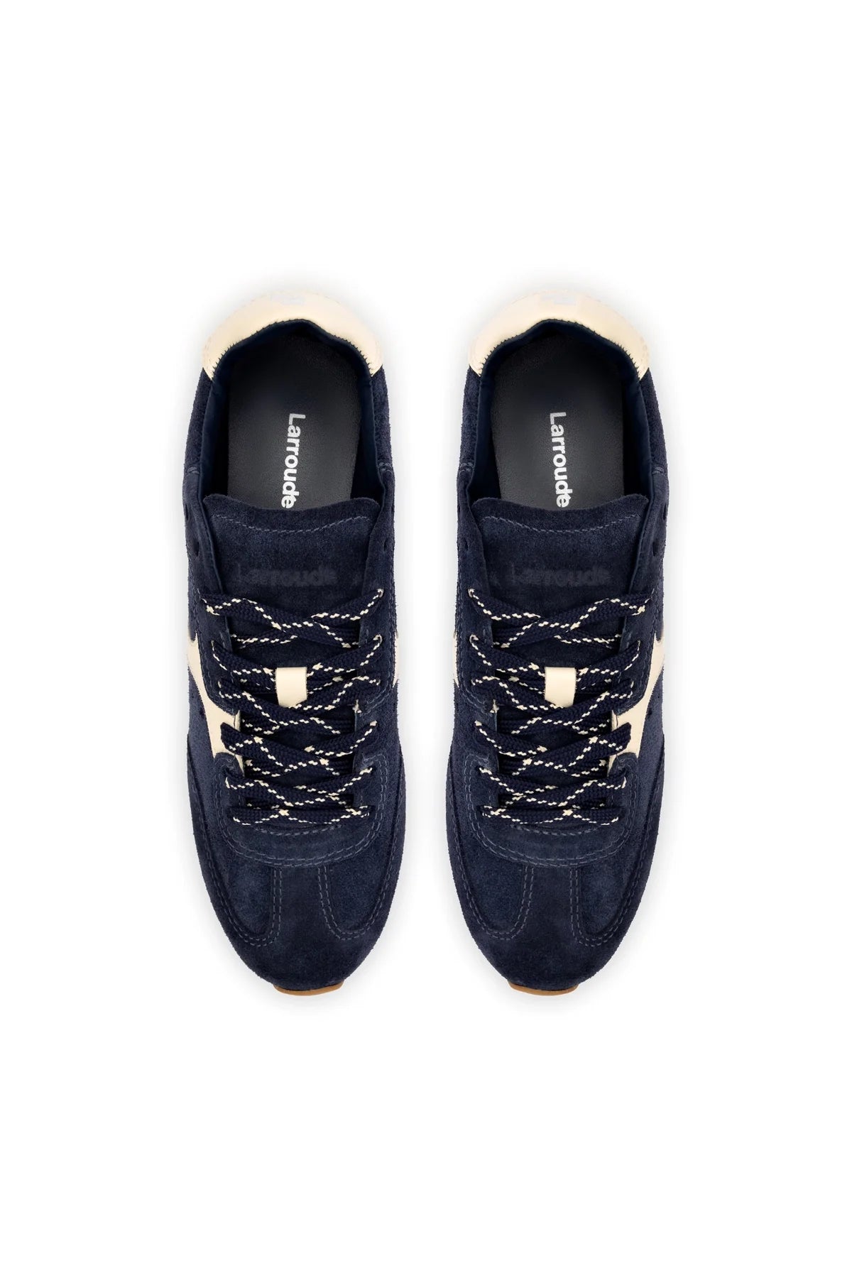 Larroude Stella Sneaker In Navy Suede And Ivory Leather